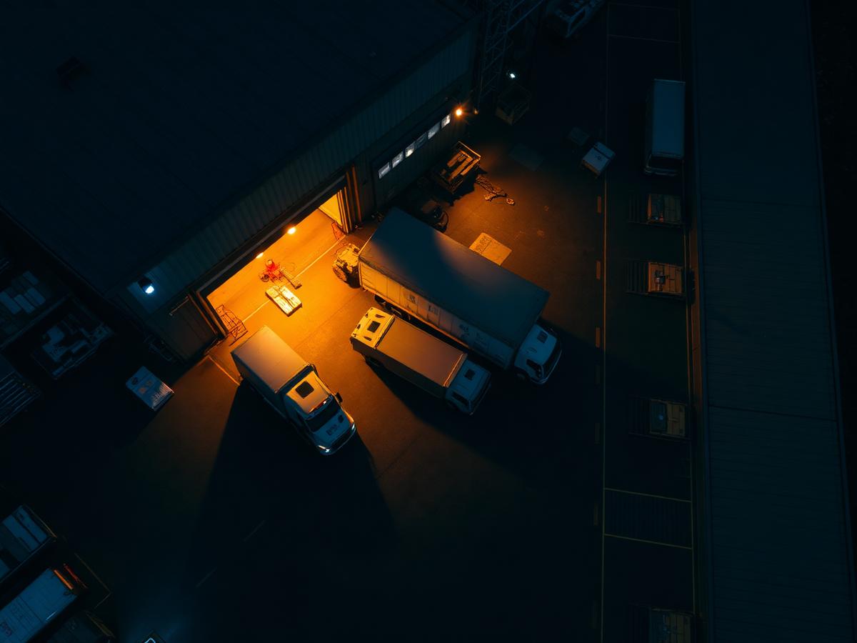 Aerial view of trucks at a lit warehouse loading dock at night