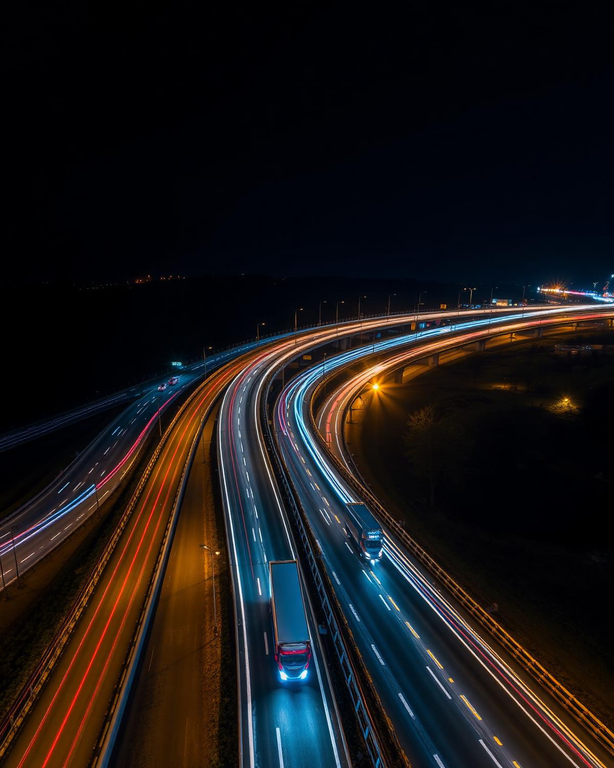Night highway interchange with truck light trails