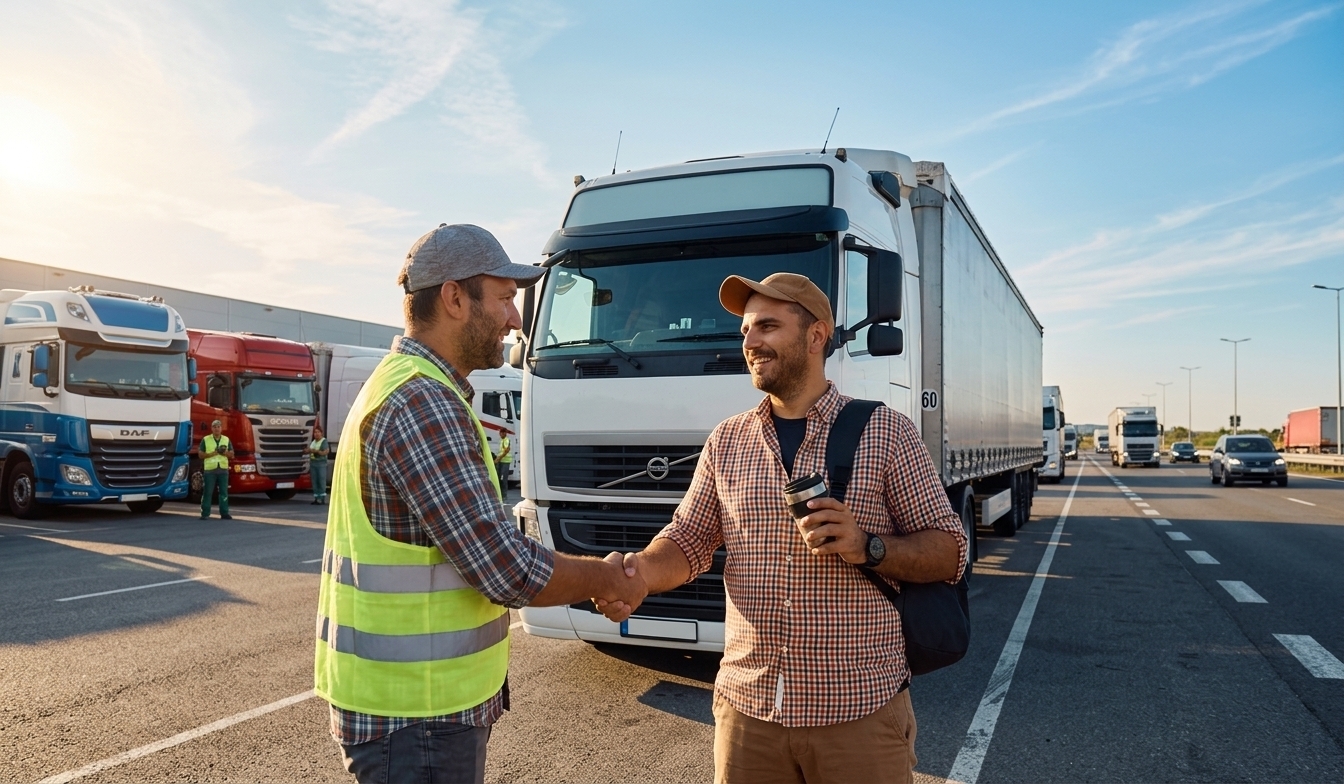 Shipper and driver shaking hands in front of trucks