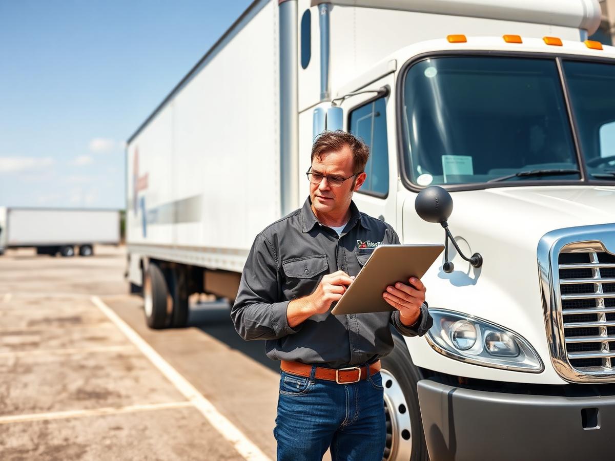 Driver reviewing a freight rate on a tablet beside a box truck